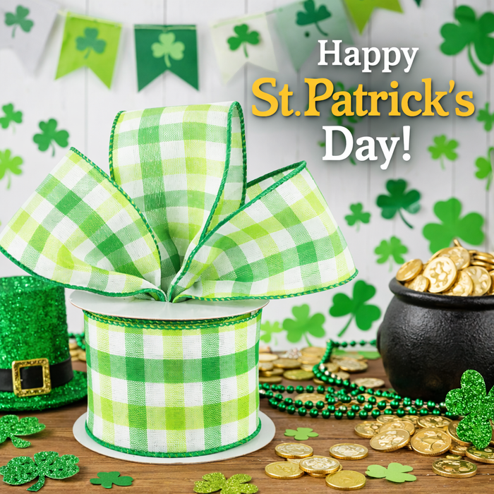 St. Patrick's Day Spring Green White Plaid Ribbon - 2 1/2" x 10 Yards