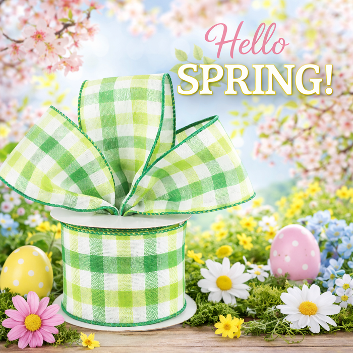 St. Patrick's Day Spring Green White Plaid Ribbon - 2 1/2" x 10 Yards
