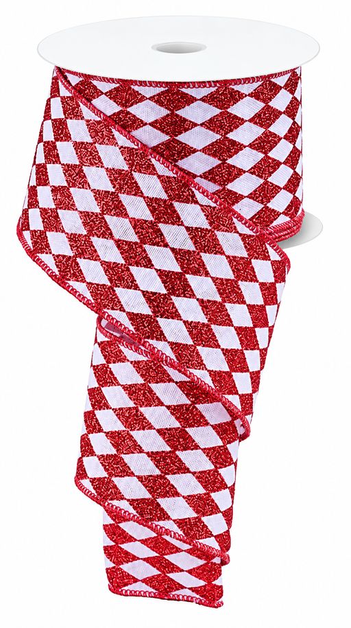 Red White Diamonds Harlequin Ribbon - 2 1/2" x 10 Yards, Christmas, Argyle, Red Wire Edged, Glittered, Tree Decoration, Wreath, Gift Wrapping, Anniversary, Birthday, Wedding