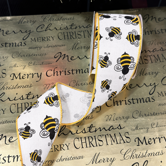 Fall Bumble Bee Wired Ribbon - 2 1/2" x 10 Yards, White, Yellow & Black, Autumn Harvest, Honey Bee, Farmhouse Wreath, Gift Wrapping, Baby Shower, Birthday, Wedding, Christmas