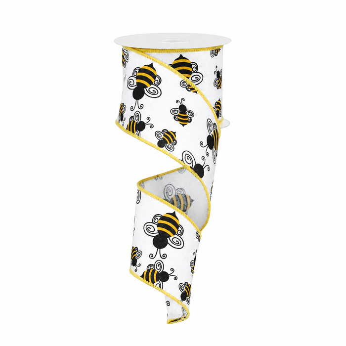 Fall Bumble Bee Wired Ribbon - 2 1/2" x 10 Yards, White, Yellow & Black, Autumn Harvest, Honey Bee, Farmhouse Wreath, Gift Wrapping, Baby Shower, Birthday, Wedding, Christmas