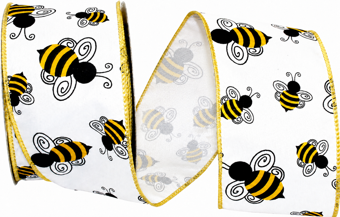 Fall Bumble Bee Wired Ribbon - 2 1/2" x 10 Yards, White, Yellow & Black, Autumn Harvest, Honey Bee, Farmhouse Wreath, Gift Wrapping, Baby Shower, Birthday, Wedding, Christmas