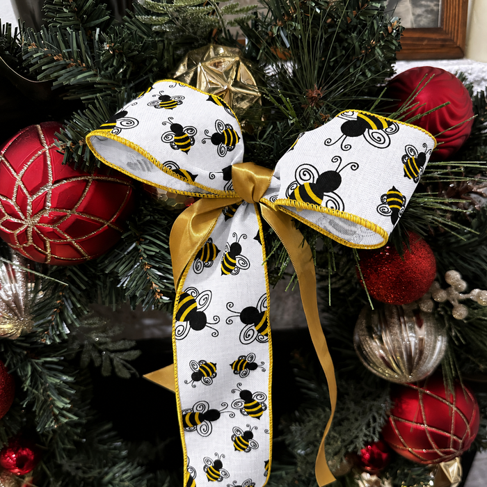 Fall Bumble Bee Wired Ribbon - 2 1/2" x 10 Yards, White, Yellow & Black, Autumn Harvest, Honey Bee, Farmhouse Wreath, Gift Wrapping, Baby Shower, Birthday, Wedding, Christmas