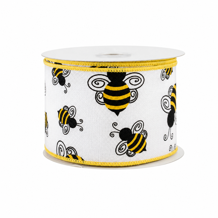 Fall Bumble Bee Wired Ribbon - 2 1/2" x 10 Yards, White, Yellow & Black, Autumn Harvest, Honey Bee, Farmhouse Wreath, Gift Wrapping, Baby Shower, Birthday, Wedding, Christmas