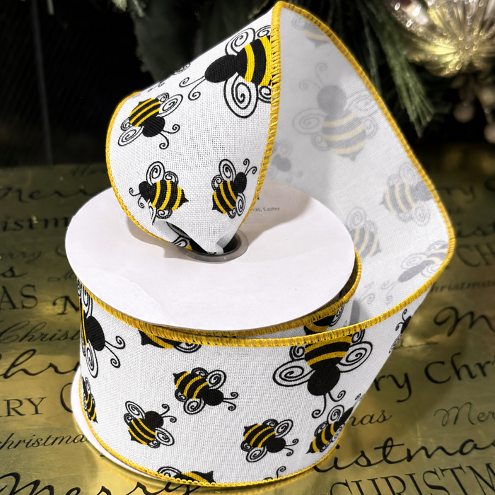 Fall Bumble Bee Wired Ribbon - 2 1/2" x 10 Yards, White, Yellow & Black, Autumn Harvest, Honey Bee, Farmhouse Wreath, Gift Wrapping, Baby Shower, Birthday, Wedding, Christmas