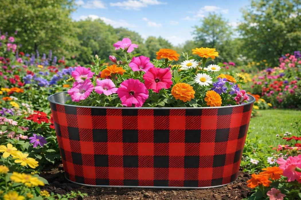 Red Black Buffalo Plaid Plant Pot - L 10.25" x W 5.25", 4.75" Tall