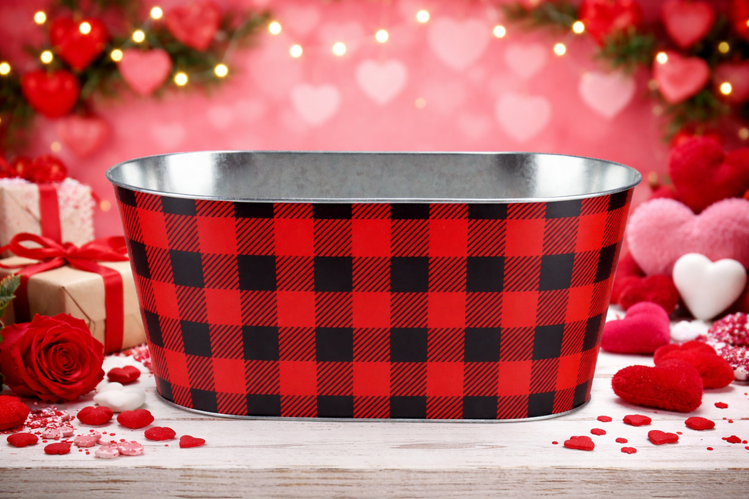 Red Black Buffalo Plaid Plant Pot - L 10.25" x W 5.25", 4.75" Tall