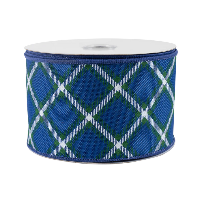 Diagonal Plaid Wired Christmas Ribbon - 2 1/2 inch x 10 Yards, Royal Blue, White & Green Plaid