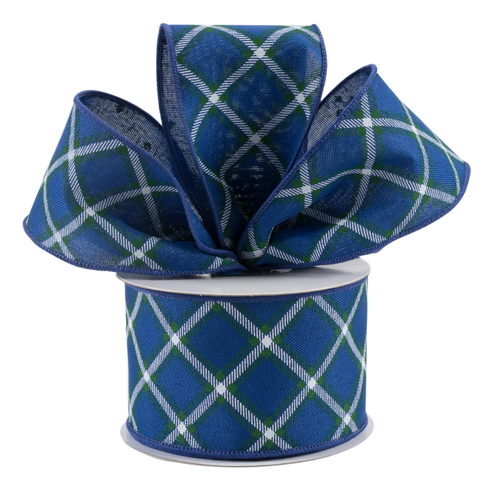 Diagonal Plaid Wired Christmas Ribbon - 2 1/2 inch x 10 Yards, Royal Blue, White & Green Plaid
