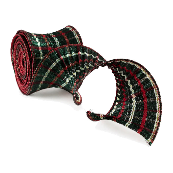 Christmas Plaid Pleated Wired Ribbon - 3" x 5 Yards, Emerald, Red, White, Wreath, Garland, Swag, Birthday, Farmhouse Wedding, Gift Wrap, Tree Wrap, Metallic Gold Accents
