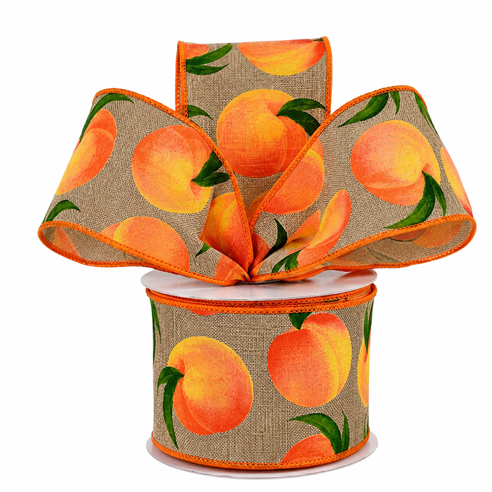 Fall Rustic Peach Wired Ribbon - 2 1/2" x 10 Yards, Thanksgiving, Christmas, Fruit Pattern, Wreaths, Bows, Gift Baskets, Farmhouse Decor, Picnic, Birthday