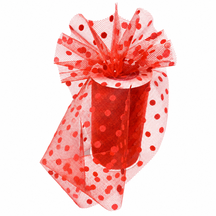Red Polka Dot Tulle Decor - 6" x 25 Yards, 4th of July, America 250 Anniversary, Fabric Netting Ribbon, Anniversary, Wedding Decor, Valentine's Day, Wreath, Garland, Swag, Bows, School Graduation