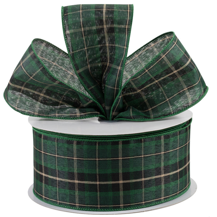 black-and-green-plaid-wired-edge-christmas-ribbon