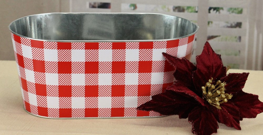 Decorative Buffalo Plaid Plant Pot - L 10.25" x W 5.25", Red & White Gingham