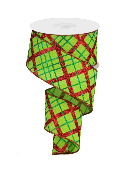 Christmas Lime Green, Red Diagonal Glitter Plaid - 2 1/2" X 10 Yards