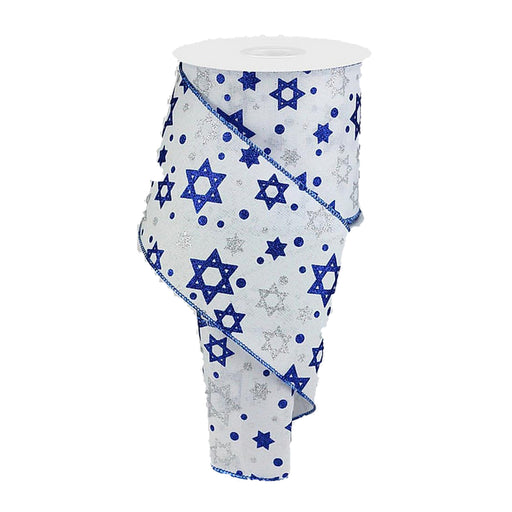 Star of David Wired Ribbon - 4" x 10 Yards, Hanukkah, Wreath, Glitter, Garland, Gift Wrap, Party Decoration, Winter Holiday, Blue, Silver, White