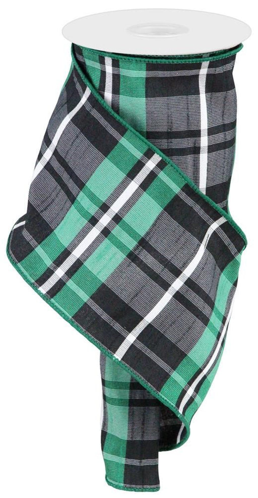 Faux Dupioni Plaid Wired Ribbon - 4" x 10 Yards, Green & Black
