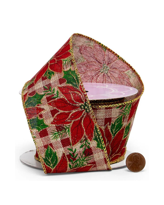 Poinsettia Plaid Christmas Tree Ribbon - 2 1/2" x 10 Yards