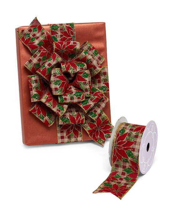 Poinsettia Plaid Christmas Tree Ribbon - 2 1/2" x 10 Yards