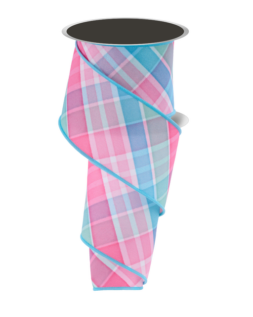 Blue Pink Diagonal Plaid Wired Ribbon - 2 1/2" x 10Y, Easter Baskets Gift Wrapping