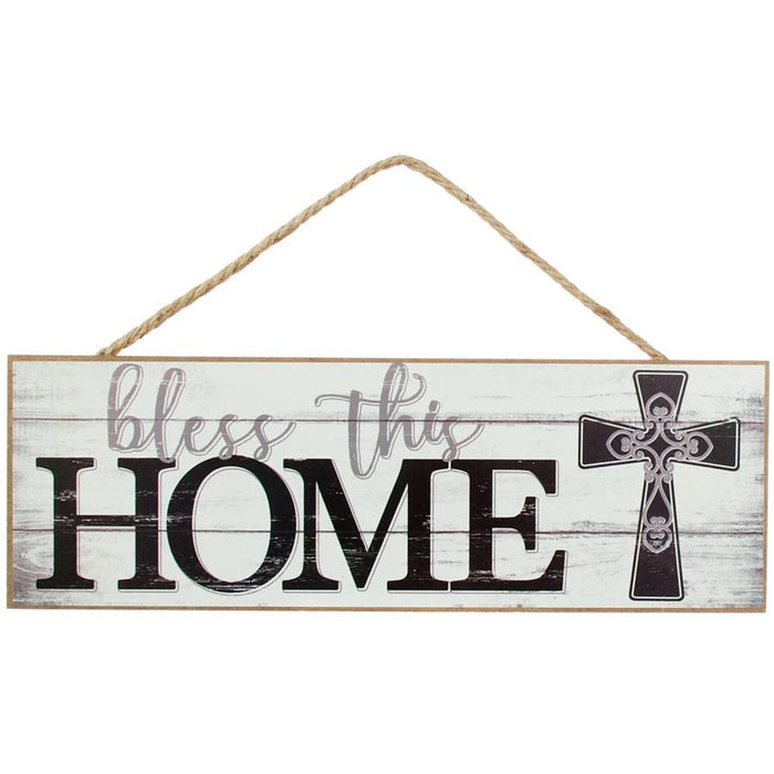Wooden sign with 'bless this HOME' and a cross 