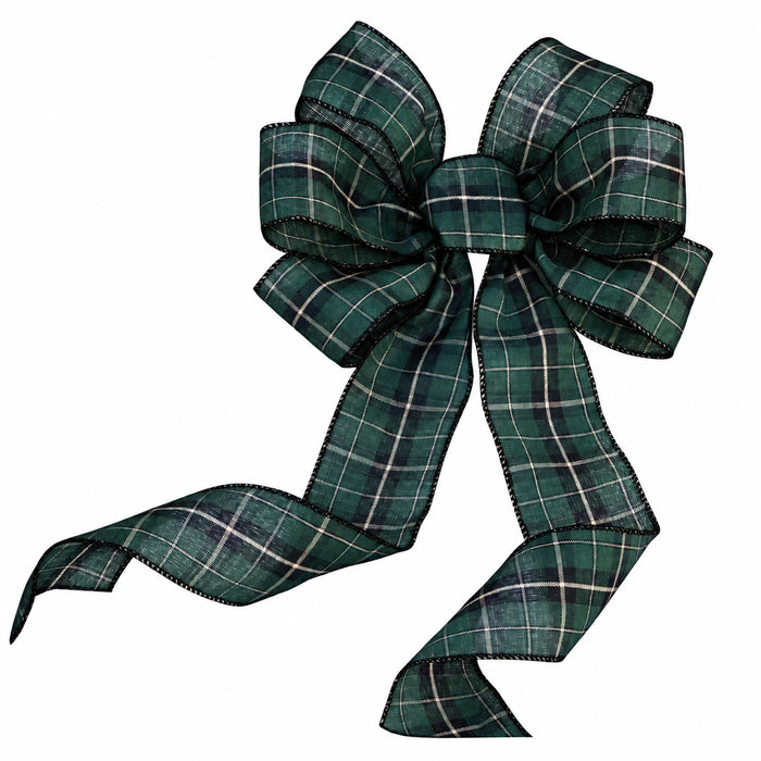 A large decorative bow made from green plaid ribbon with thin white and black lines, shown on a plain white background.