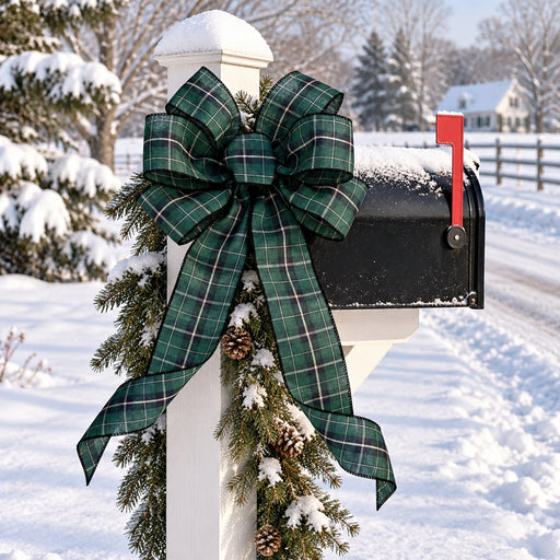 A large green plaid holiday bow with a matching green garland and pinecones tied around a white mailbox post in a snowy outdoor setting.