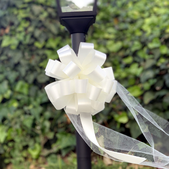 6 Ivory 8" Wedding Pull Bows with Tulle Tails - Church Aisle Decorations, Pew Markers, Reception