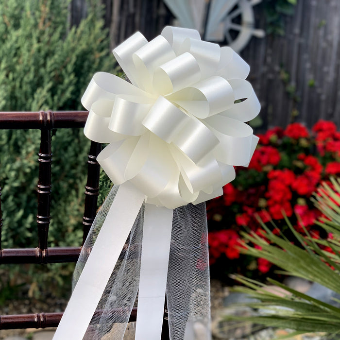 6 Ivory 8" Wedding Pull Bows with Tulle Tails - Church Aisle Decorations, Pew Markers, Reception