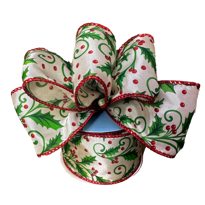 Christmas Holly Mistletoe Wired Ribbon - 2 1/2" x 10 Yards