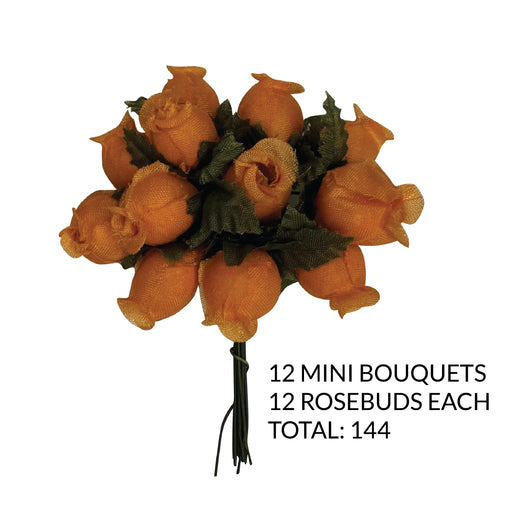 Orange Artificial Silk Flower Roses - 12 Mini Bouquets of 12 Rosebuds, 144 Rosebuds Total