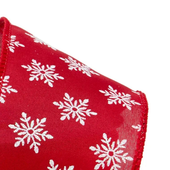 White Snowflakes On Red Ribbon - 2 1/2" x 10 Yards, Christmas, Wreaths, Garlands, Bows, Tree Decorating, Gift Wrapping, Presents, Centerpieces, Party Crafts, Wired Edge