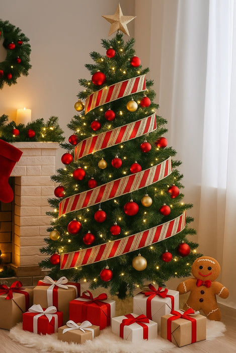 Christmas tree decorated with red gold gittery ribbon garland