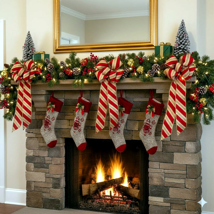 Red with glittery gold Christmas ribbon bows decorating fireplace