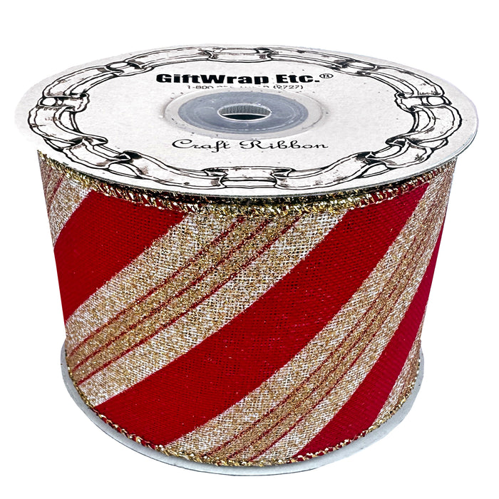 Spool of red and gold striped ribbon with 'GiftWrap Etc.' branding.