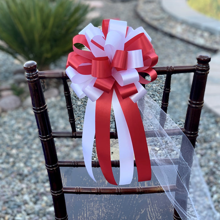 decorate garden wedding with our 8" red and white pull bows
