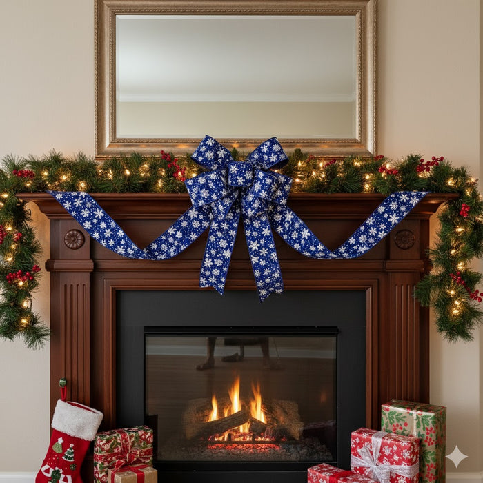 Decorated fireplace with a blue and white bow, Christmas stockings, and presents.