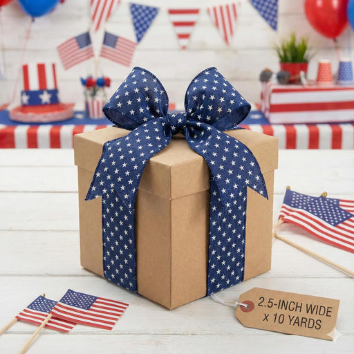 Patriotic Navy Stars Wired Ribbon - 2 1/2" x 10 Yards, Dark Blue & White Stars Craft Decor, Presidents Day, Memorial Day, 4th of July, USA, Election, Wreath, Trees, Decorations, Christmas