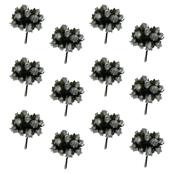 Silver Artificial Silk Mini Roses - 12 Dozens, 144 Rosebuds Total