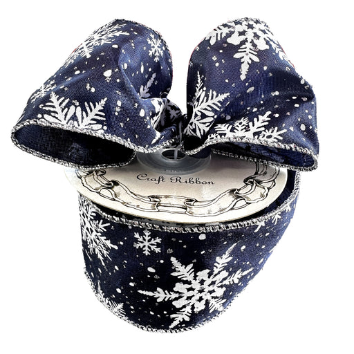 White Snowflakes Midnight Blue Ribbon -2.5"x10Y, Wired Silver Edge, Glittery Stary Night Sky, Christmas Gift Wrapping, Tree Topper, Holiday, Hanukkah Decorations