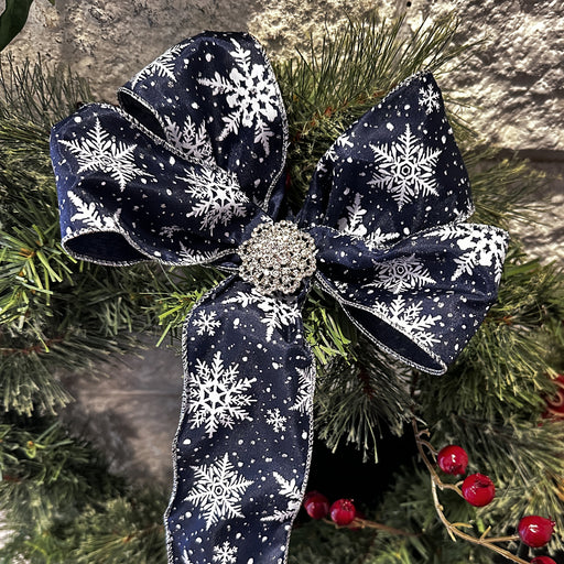 White Snowflakes Midnight Blue Ribbon -2.5"x10Y, Wired Silver Edge, Glittery Stary Night Sky, Christmas Gift Wrapping, Tree Topper, Holiday, Hanukkah Decorations