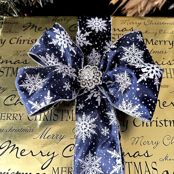 Midnight Navy Blue with White Snowflakes  Ribbon - 2 1/2" x 10 Yards
