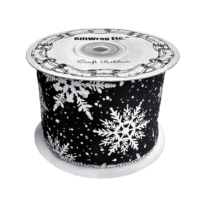 White Snowflakes Midnight Blue Ribbon -2.5"x10Y, Wired Silver Edge, Glittery Stary Night Sky, Christmas Gift Wrapping, Tree Topper, Holiday, Hanukkah Decorations