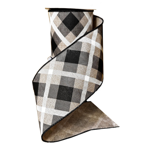 Diagonal Plaid Wired Christmas Ribbon - 4 " x 10 Yards, Tan Black and White