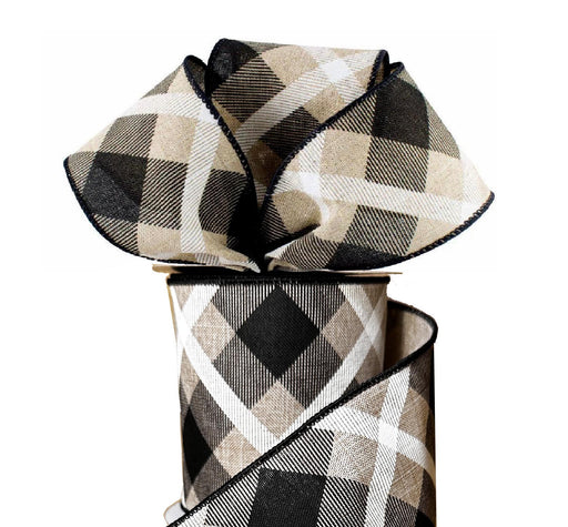 Diagonal Plaid Wired Christmas Ribbon - 4 " x 10 Yards, Tan Black and White