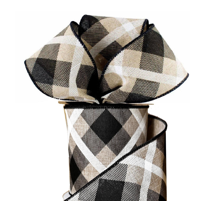Diagonal Plaid Wired Christmas Ribbon - 4 " x 10 Yards, Tan Black and White