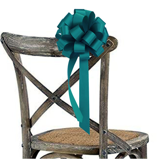 8" teal pull bow on a wedding chair