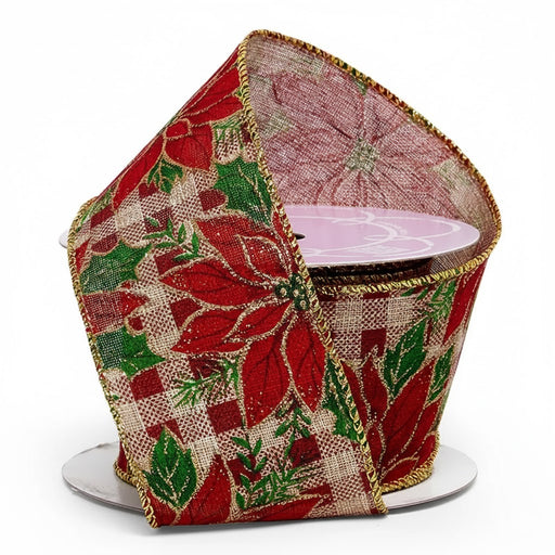 Poinsettia Plaid Christmas Tree Ribbon - 2 1/2" x 10 Yards