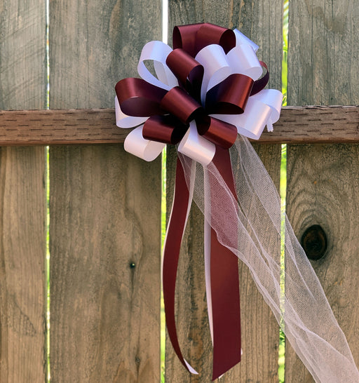 6 Burgundy White 8" Pull Bows, Ribbon, Tulle.Wedding, Party Decorations