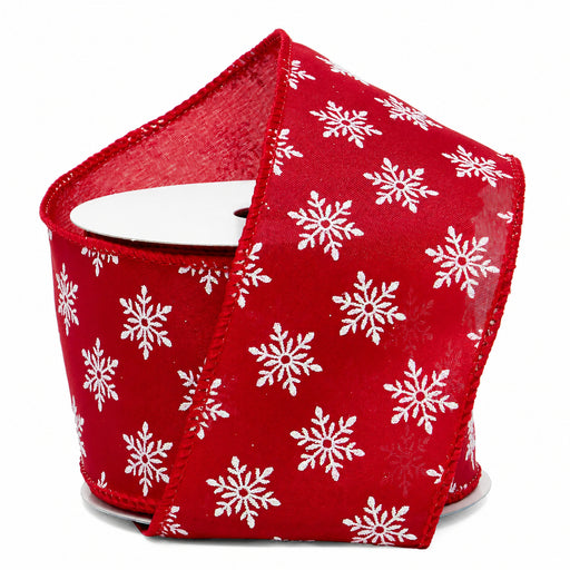 White Snowflakes On Red Ribbon - 2 1/2" x 10 Yards, Christmas, Wreaths, Garlands, Bows, Tree Decorating, Gift Wrapping, Presents, Centerpieces, Party Crafts, Wired Edge